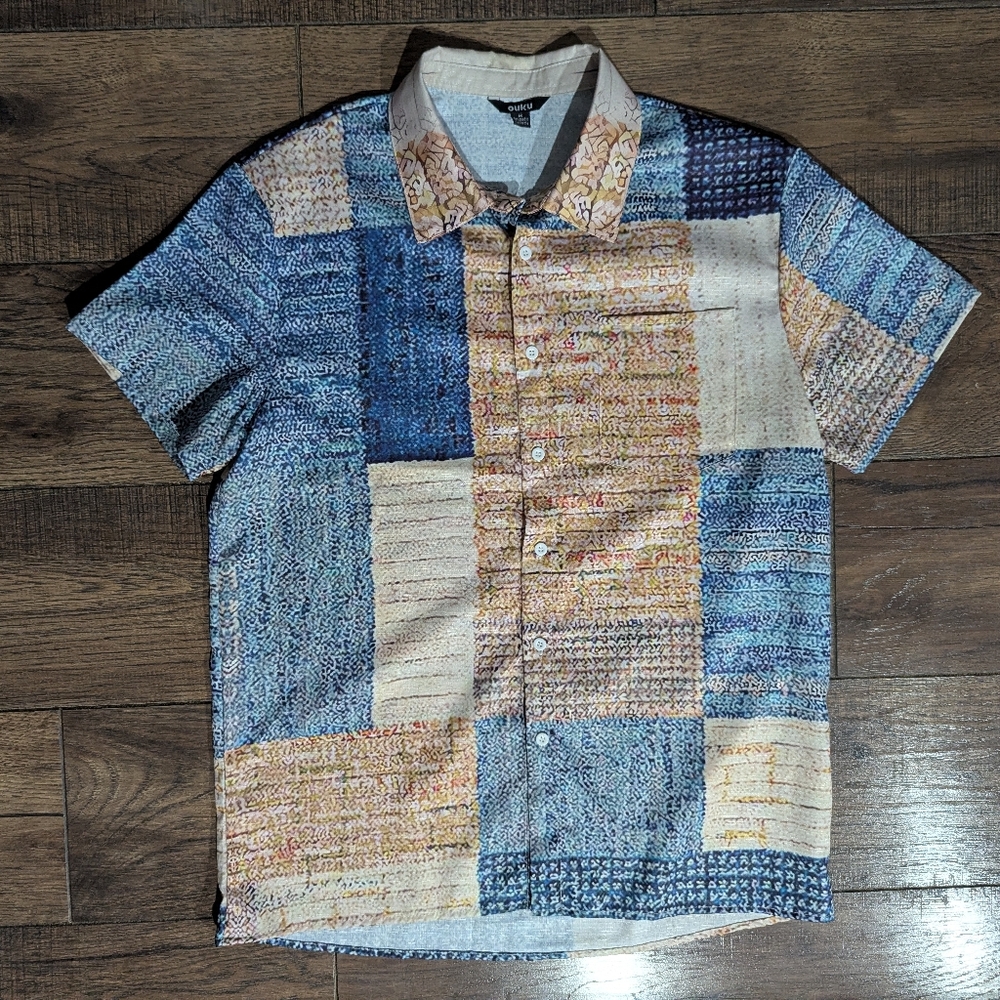 Ouku Mens Blue & Taupe Block Patterned Print Button Down Rayon Shirt Unique Med